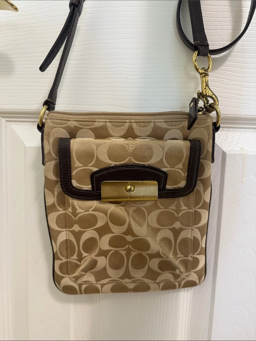 Coach Khaki/Chalk Signature Crossbody with Dark Brown Trim